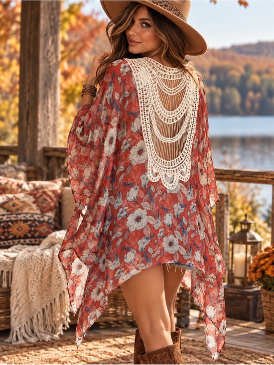 Cato Other - Cato Red Floral Kimono Cover Up One Size Crochet Back Boho Asymmetrical